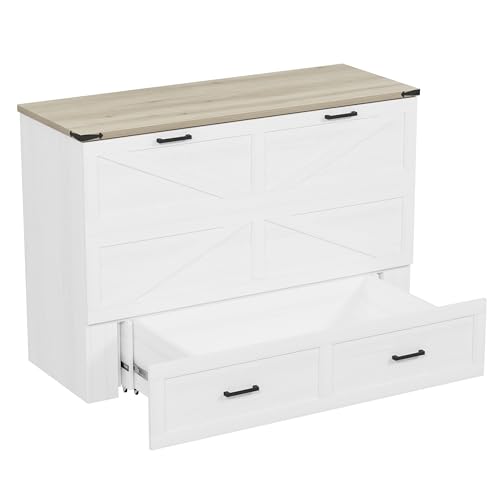 Bellemave Queen Murphy Bed, Cabinet Bed with Charging Station and Storage, Farmhouse Murphy Cabinet with Foldable Panel, Noisy Free, for Guest Bedroom, Living Room, Office, Rustic Gray
