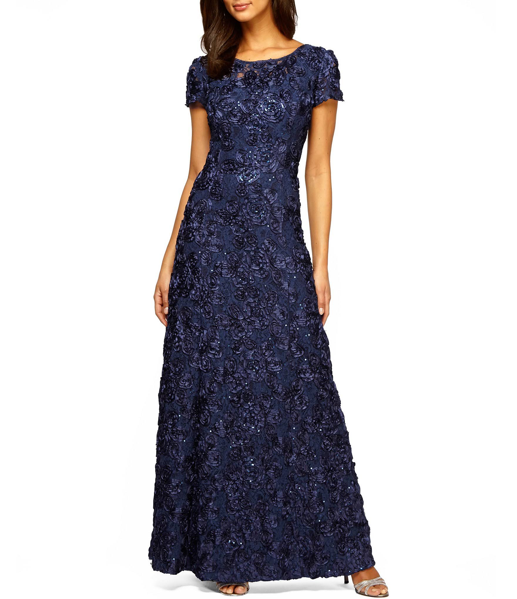 Alex Evenings Petite Rosette Lace A-Line Gown - Navy
