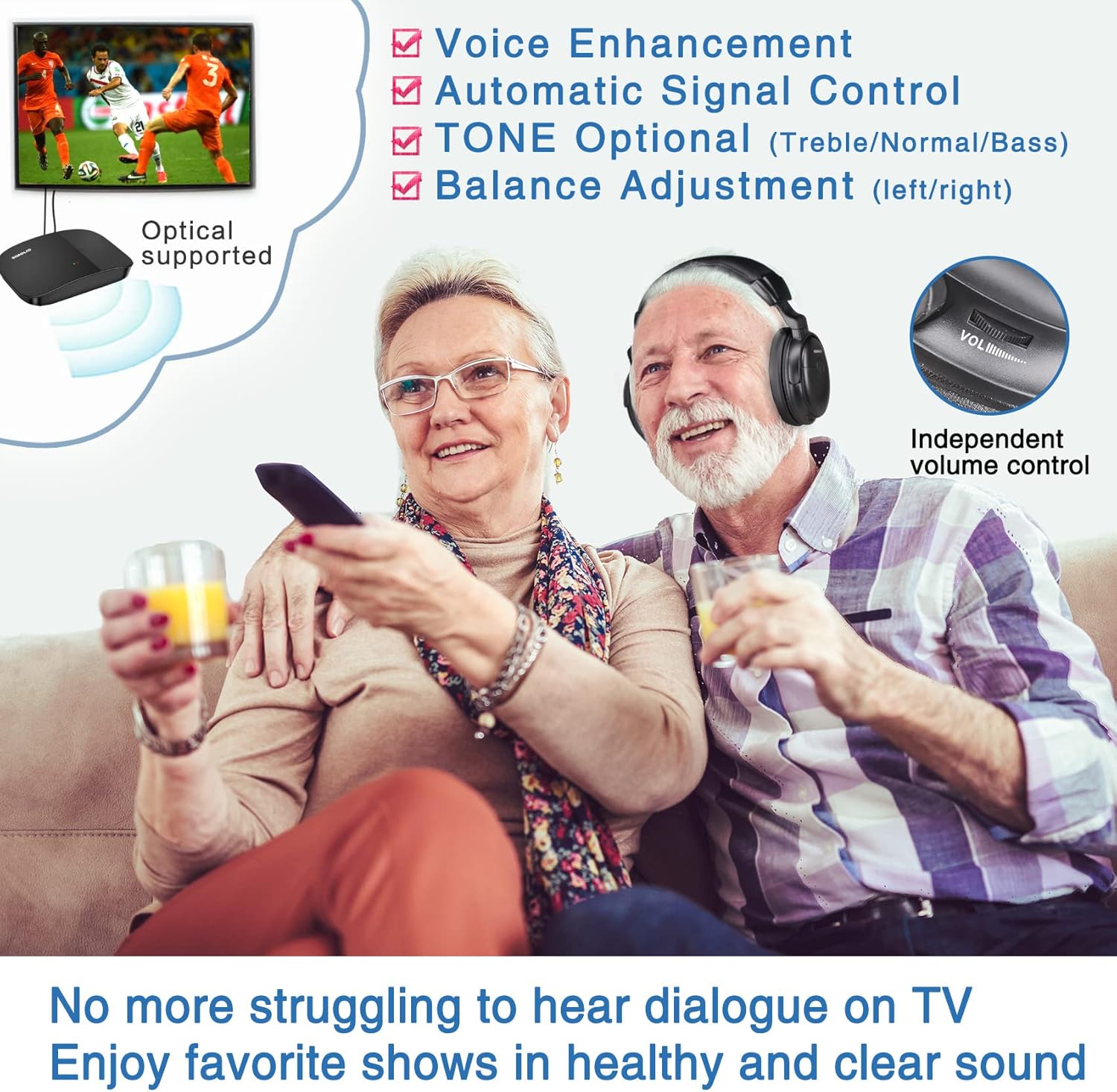 SIMOLIO Voice Enhanced Wireless TV Headphones with Extra Battery for Seniors and Hard of Hearing, Balance and Tone Adjustment, No Pairing, No Lip-sync Delay, Digital Optical RCA AUX, 100FT Range