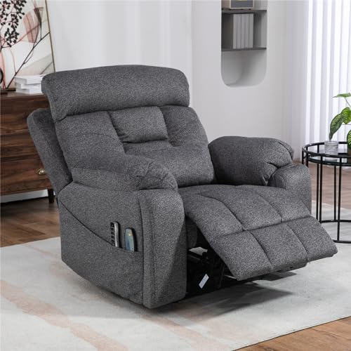 Light Grey Recliner Chair for Elderly | Tall and Big Man 400lbs | Chenille | Power Lift, Lay Flat, Stand Up, Wireless Charging Device, Extended Footrest, Massage Heat, Cup Holder, Lumbar Pillow