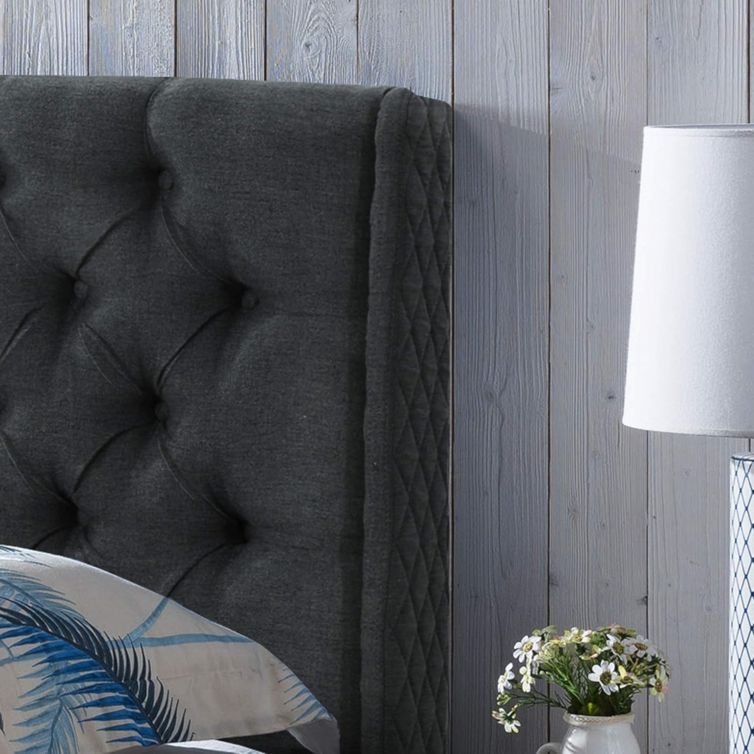Christopher Knight Home Lidia Wingback Tufted Fabric Headboard, Queen / Full, Dark Gray / Black