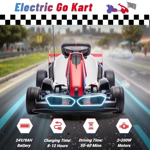24V 9AH Electric Go Kart with Adjustable Seat, 7.5 MPH Drift Kart for Kids Age 6-12, 2 * 200W Motors, Drift Mode and 2 Speed, Licensed BMW (Grey)