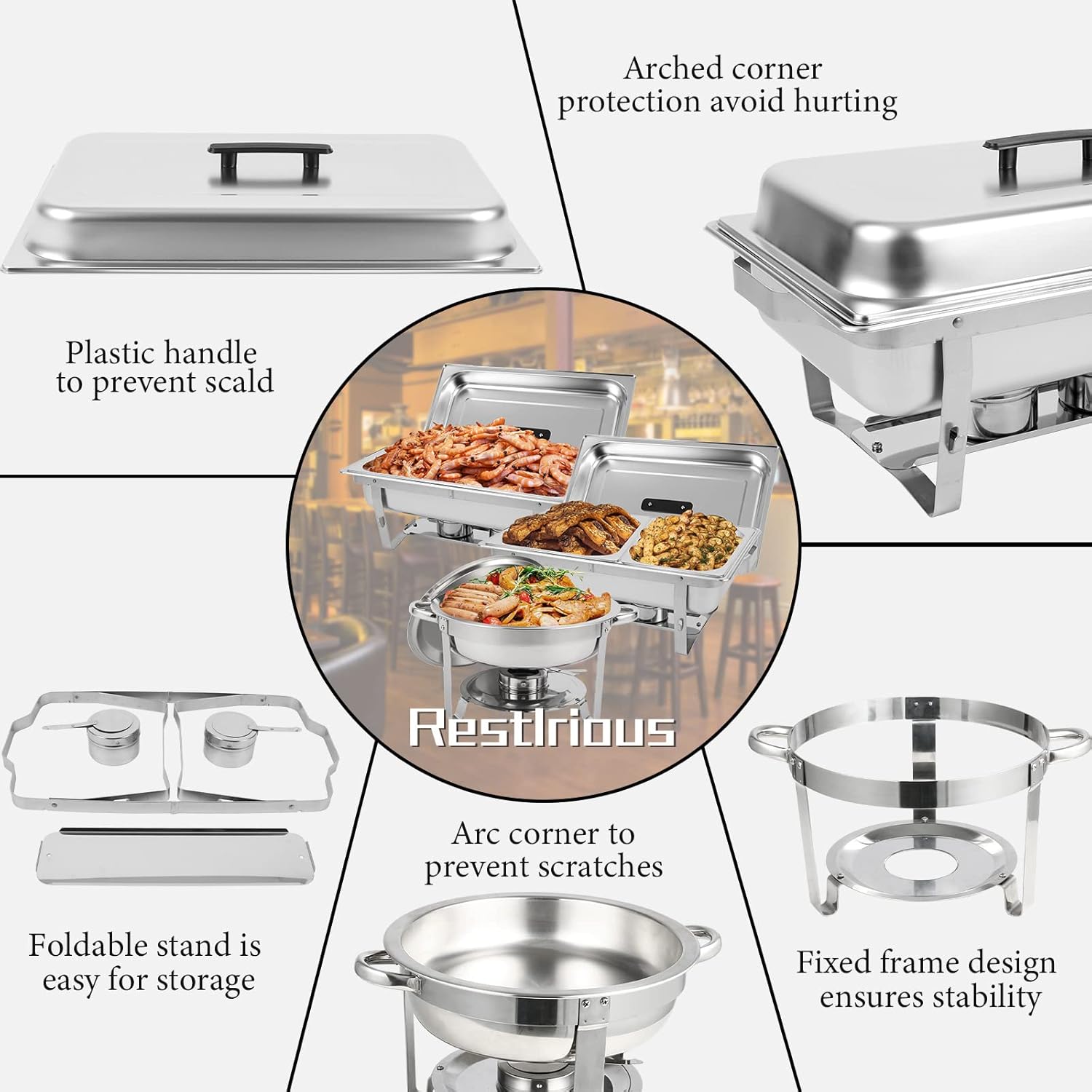 Restlrious Chafing Dish Buffet Set Stainless Steel 5QT Round & 8QT Rectangle Foldable Chafers & Buffet Warmers Set, w/Full & Half Size Food Pan, Water Pan, Fuel Holder & Lid for Catering Event, 5 Pk