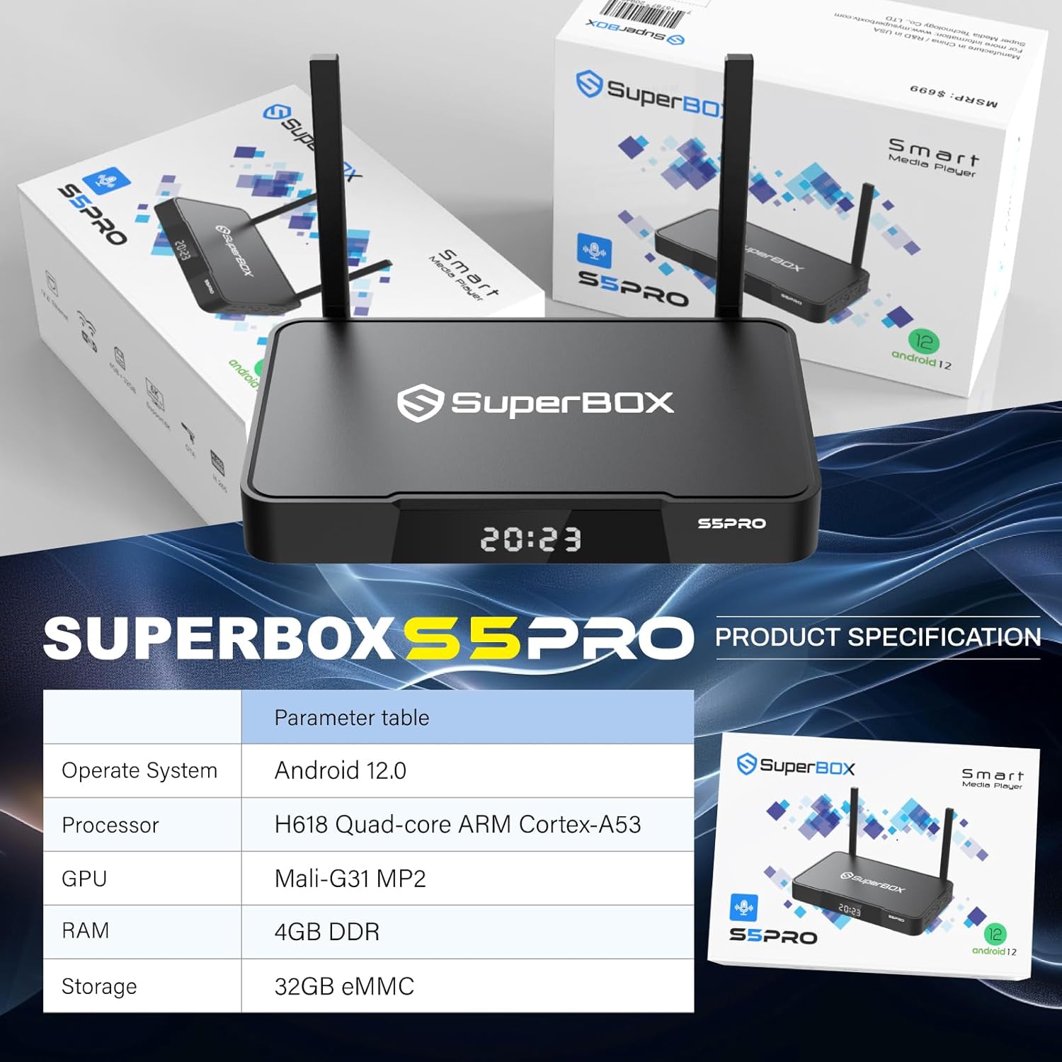 Super Stream S-5-P ro TV Box,4GB RAM+32GB ROM,with Voice Remote,Hub*1,4 in 1 Data Cable*1,Dual Band WiFi,2T2R,Quad-Core,6K HDMI,2T2R,2024 Newest Super Stable Box for TV,Perfect for Family
