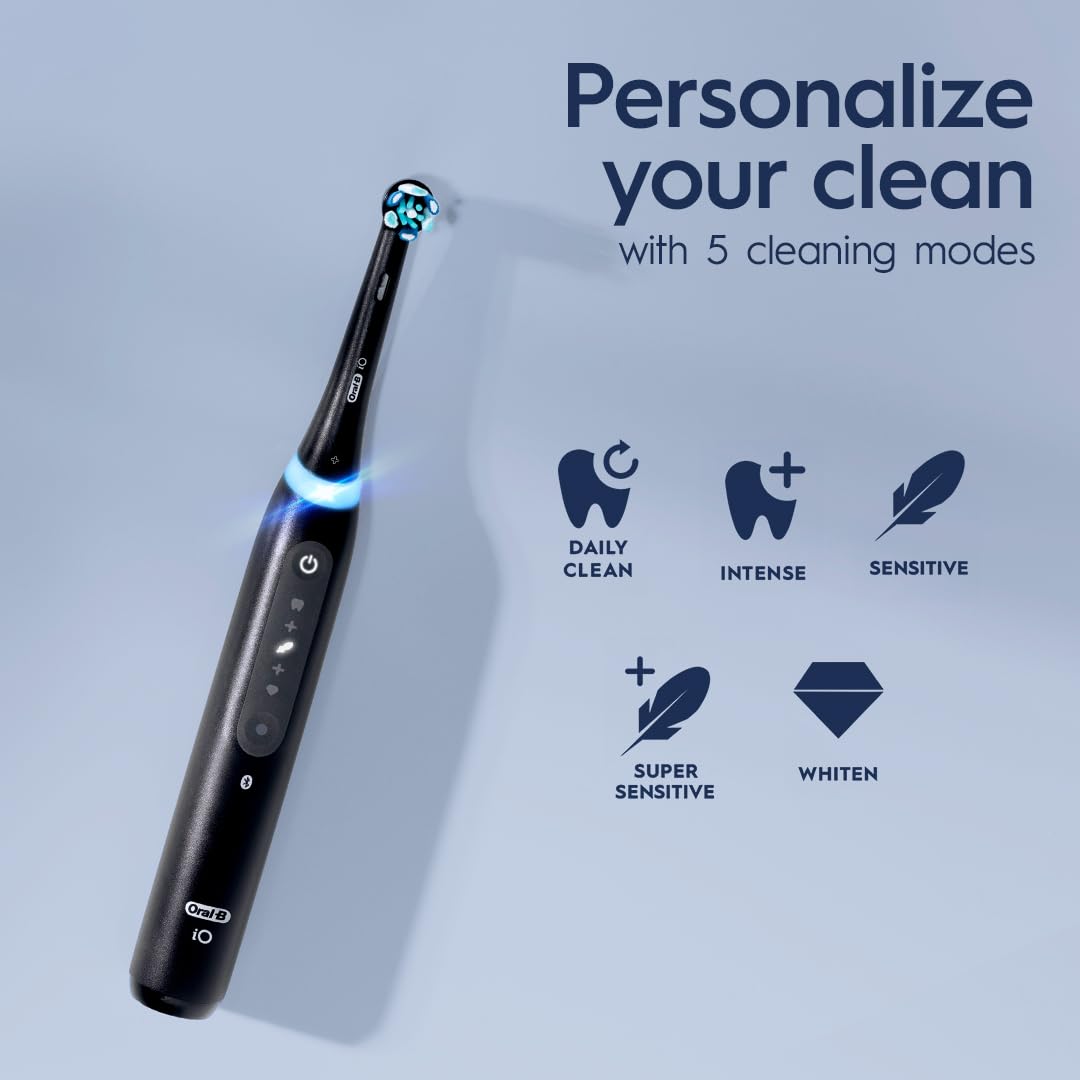 Oral-B iO Series 5 Rechargeable Electric Toothbrush with Visible Pressure Sensor to Protect Gums, 2 Minute Timer, 5 Cleaning Settings, 1 Replacement Toothbrush Heads, and Travel Case, White