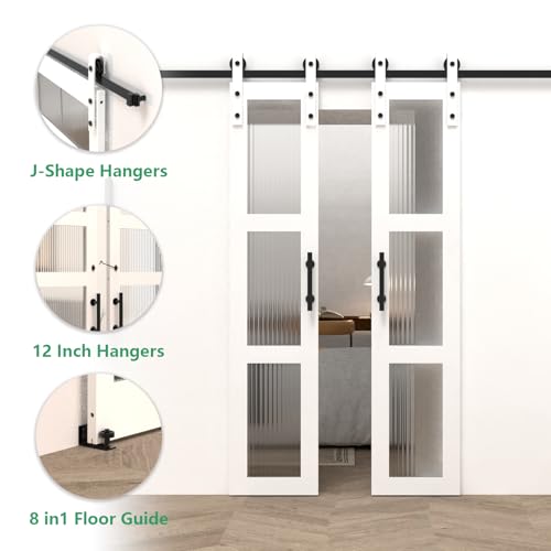 32 x 84 Inch Glass Sliding Barn Door Slab and 5.5ft Hardware Kit Included, 5 Frosted Glass, LVL Wood Panel Covered with White Water-Proof Scratch-Resistant PVC Surface, Simple DIY Assembly