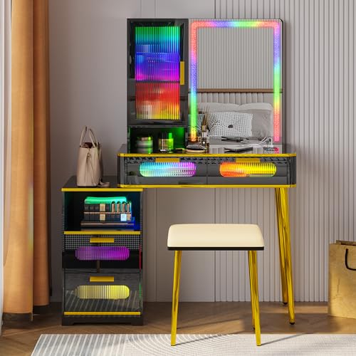 RGB LED Vanity Desk with Mirror and Lights, Makeup Vanity Table with Charging Station, 7 Dynamic and 24 Static Dimmable Vanity Set, Dressing Table with Jewelry Organizer, Gifts for Women/Girls, Black