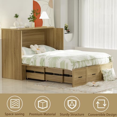Full Size Murphy Bed Wood Wall Bed Cabinet with Large Drawer Space-Saving Hidden Foldable Platform Bed Chest Mobile Cabinet Bed Frame Storage Cabinet with USB Ports for Bedroom, Guest Room,Natural