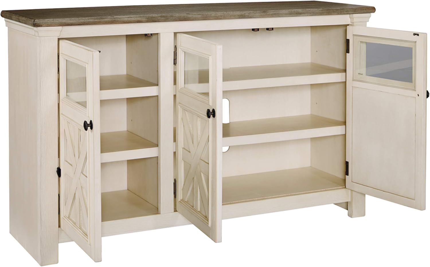 Signature Design by Ashley Bolanburg Two Tone Farmhouse TV Stand, Fits TVs up to 72, 3 Cabinets and Adjustable Storage Shelves, Whitewash