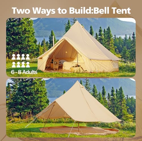Cotton Canvas Bell Tent, Waterproof Large Tents with Sturdy Center & Door Pole and Space for 4/6/8 Person All 4 Season Camping Yurt Tent