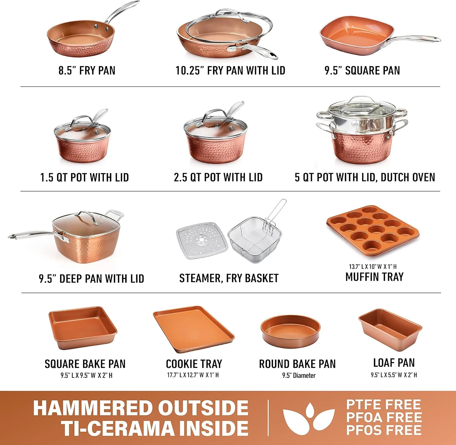 WAGEE Hammered Copper Collection – 20 Piece Premium Pots and Pans Set Nonstick Ceramic Cookware + Bakeware Set for Kitchen, Induction/Dishwasher/Oven Safe, Healthy and Non Toxic