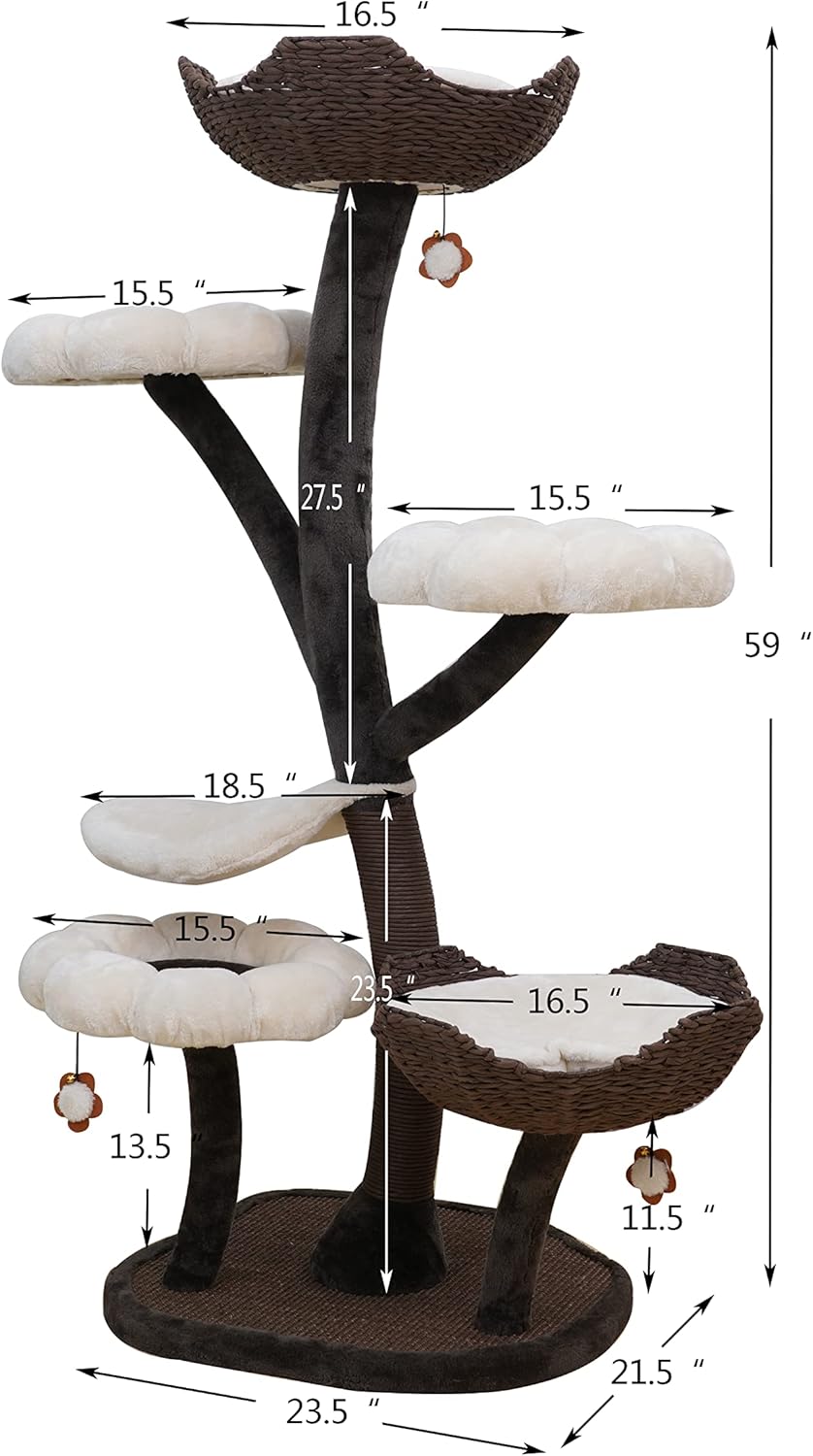 Catry Cat Tree - Woodowoodo - All-in-One Cat Tower with Cat Scratching Post, Cat Hammock, Hand Woven Paper Baskets, & Teasing Toy