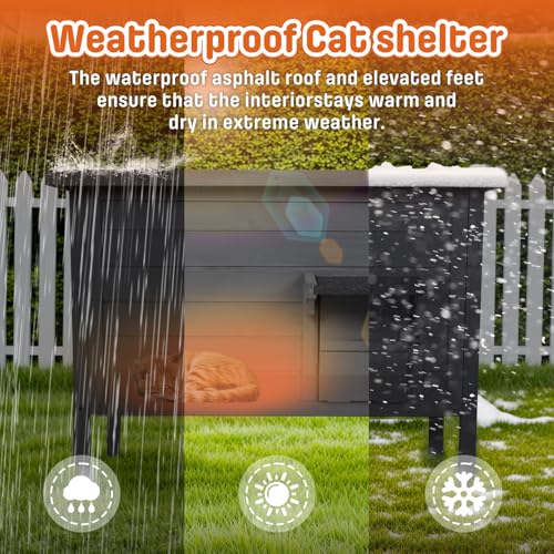 BRIOPAWS Outdoor-Cat-House-Insulated | Feral-Cat-Shelter for Winter | Weatherproof | Large Wooden Pet House for Multiple Cats | Foldable Ladder | Acrylic Side Window | Grey