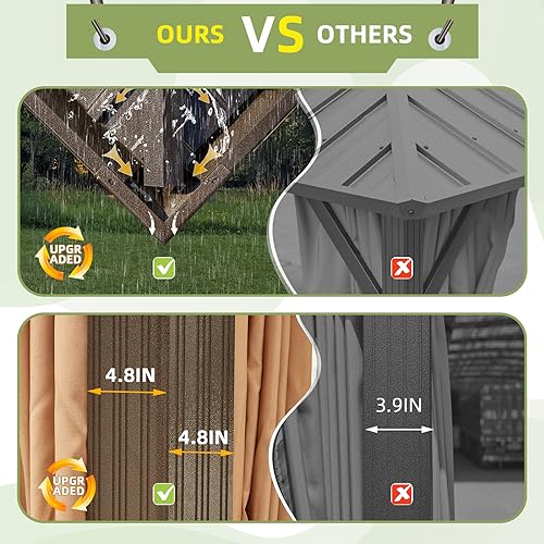 MELLCOM 12'x16' Hardtop Gazebo, Galvanized Steel Metal Double Roof Canopy with Curtains and Netting, Brown Permanent Pavilion Gazebos with Aluminum Frame for Garden, Patio, Lawns, Deck