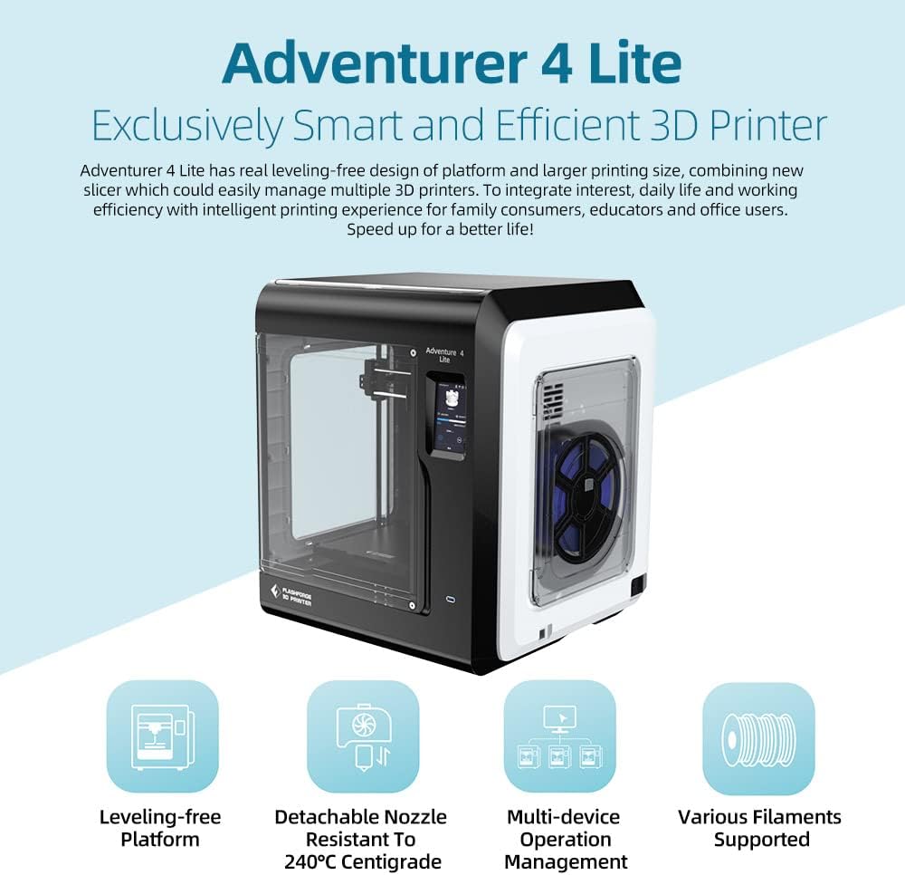 FlashForge Adventurer 4 Lite 3D Printer Leveling-Free with Quick Removable Nozzle, Carborundum Glass Platform and Resume Printing Function, 220x200x250mm Printing Size