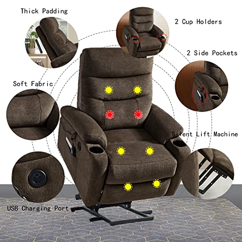 Lift Recliner Chair for Elderly,Power Vibration Massage Heated Arm Chair 2 Cup Holders,USB Charge Port,Fabric Single Sofa Seat Chair with 2 Side Pockets,Ergonomic Lounge Chair for Living Room (Brown)