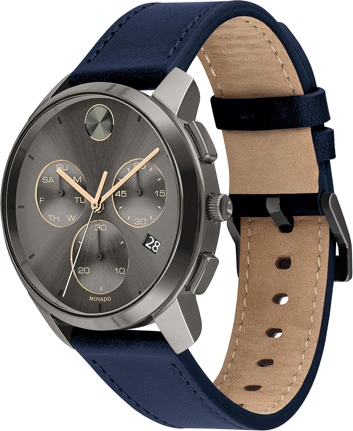 Movado Bold Thin Men's Swiss Qtz Chrono Stainless Steel and Leather Strap Casual Watch, Color: Navy (Model: 3600720)