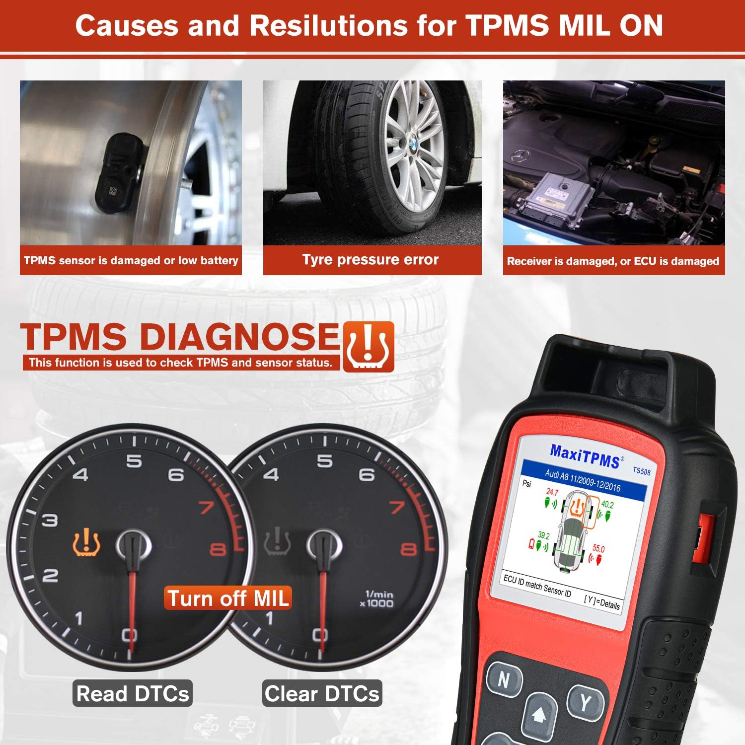 Autel TS508 TPMS Relearn Tool with $240 Value Sensor Kit (4 PCS 315MHz & 4PCS 433MHz), Upgrade of TS501, TS408, Program MX-Sensors, Activate/Relearn All Sensors, Read/ clear TPMS DTCs