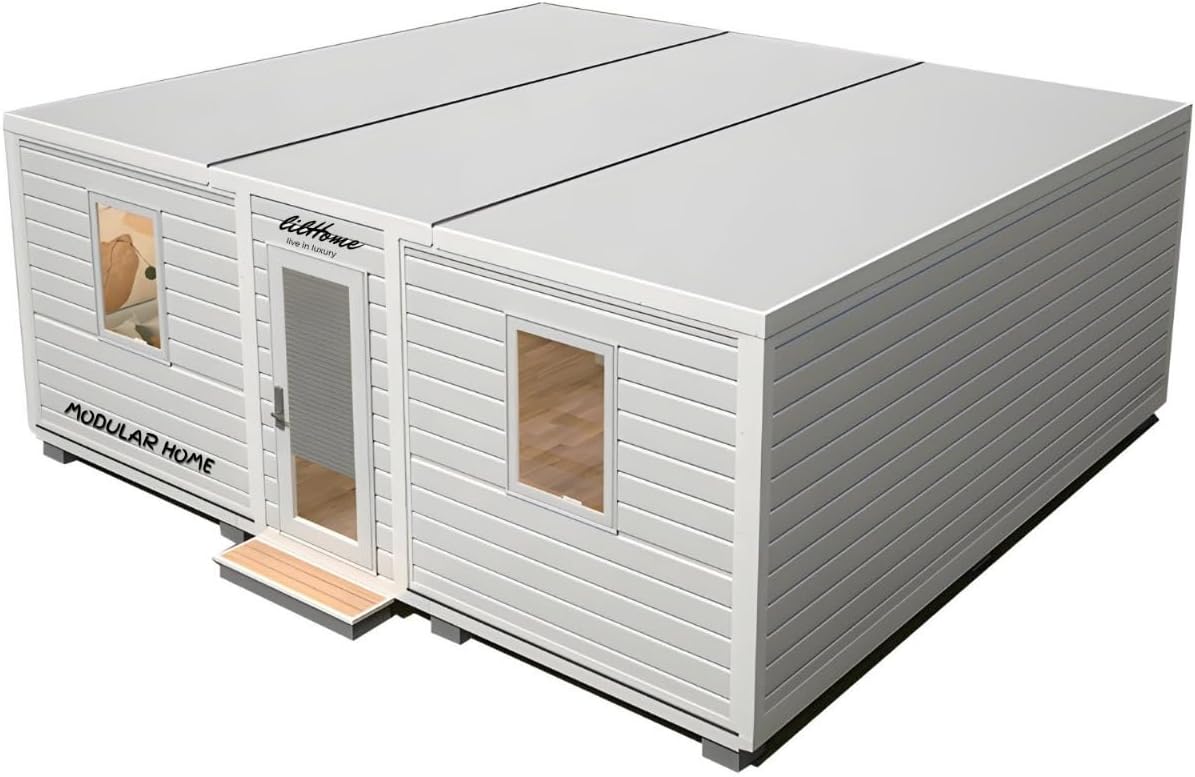 Portable Prefabricated House 19 x 20FT Tiny Mobile Prefab House 2Shaped Bed Rooms Perfect for Hotel House, Small Tiny House for Adults to Live in with Bathroom & Kitchen in This Prefab Home