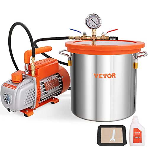 VEVOR Vacuum Pump 7 CFM 3/4HP Dual Stages Air Conditioning Vacuum Pump 2Stage with 5 Gallon Vacuum Chamber Ultimate Vacuum Manifold Gauge Set, Manifold Gauge and Hose for Air Conditioning Systems