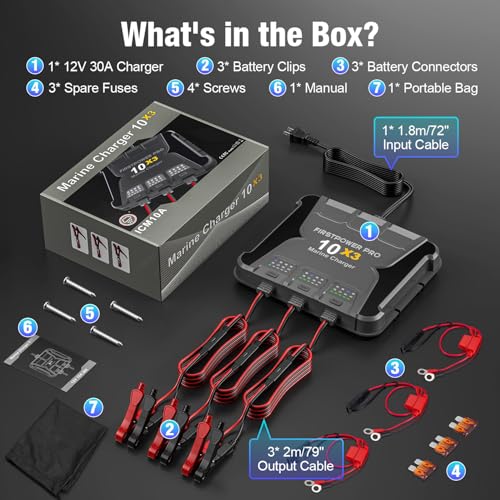 3 Bank Marine Battery Charger 10X3, 30A (10A/Bank) - 12V Waterproof Onboard Battery Charger, Battery Maintainer & Desulfator for SLA/AGM, Lithium (LiFePO4), Calcium & Deep-Cycle Battery - Charged 24/7