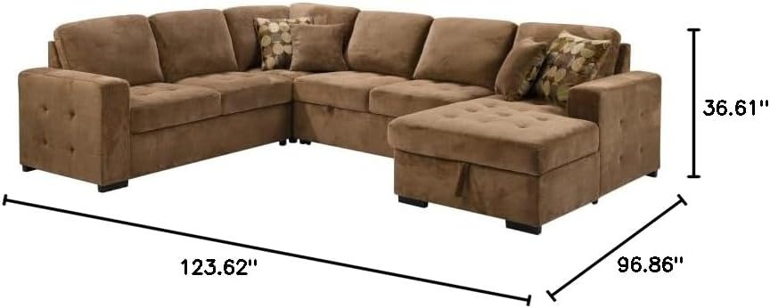 123" Oversized Sectional Sofa with Storage Chaise, U Shaped Sectional Couch with 4 Throw Pillows for Large Space Dorm Apartment. Brown