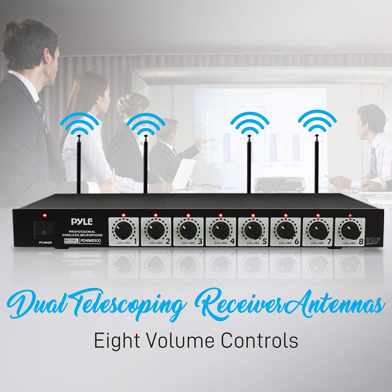 8 Channel Conference Microphone System - UHF Desktop, Table Meeting Wireless Microphones & Receiver w/ 8 Gooseneck Mics, Rack Mountable & LED Audio Signal Indicator Lights - Pyle PDWM8880