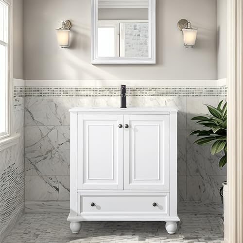 eclife 30" Bathroom Vanity Sink Combo Vintage Style with Painted Solid Wood Construction, Undermount Ceramic Sink W/Matte Black Faucet & Drain, Pure White