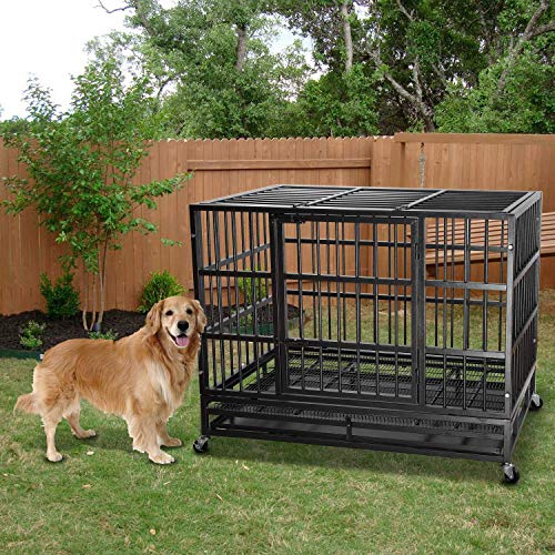 LEMBERI 48/38 inch Heavy Duty Indestructible Dog Crate, Escape Proof Dogs Cage Kennel with Lockable Wheels,High Anxiety Double Door Kennel,Extra Large Crate Indoor for Large Dog with Removable Tray