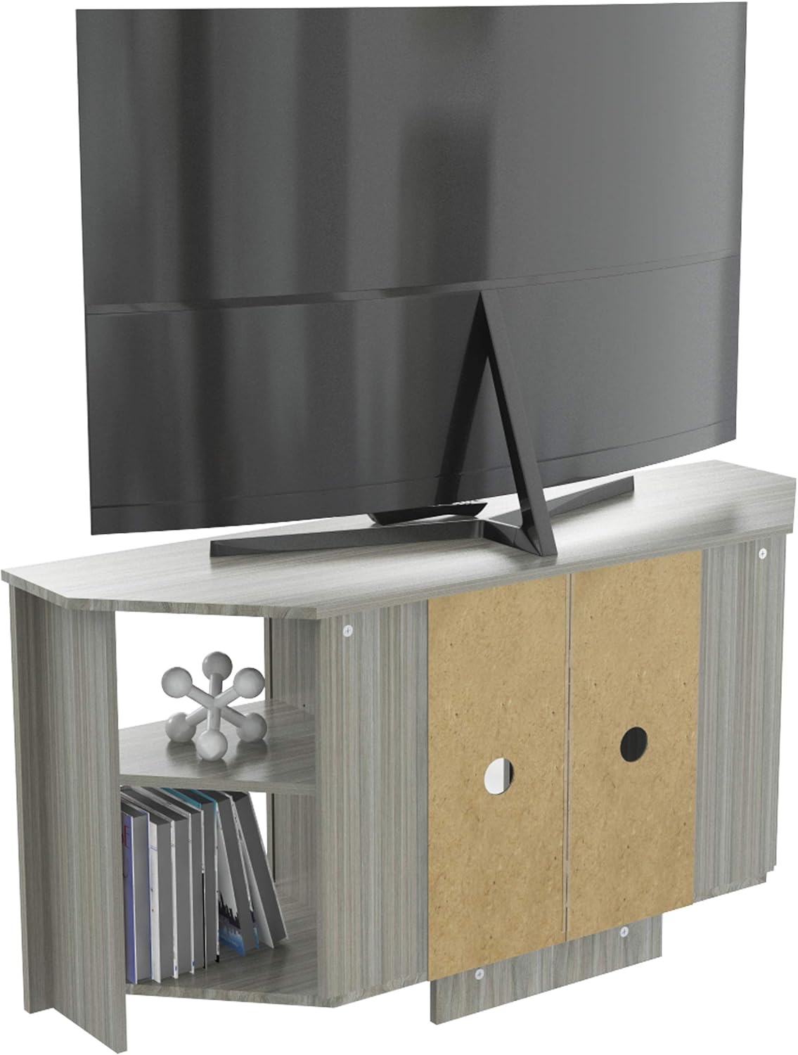 Inval Corner TV Stand with Glass Doors, Smoke Oak