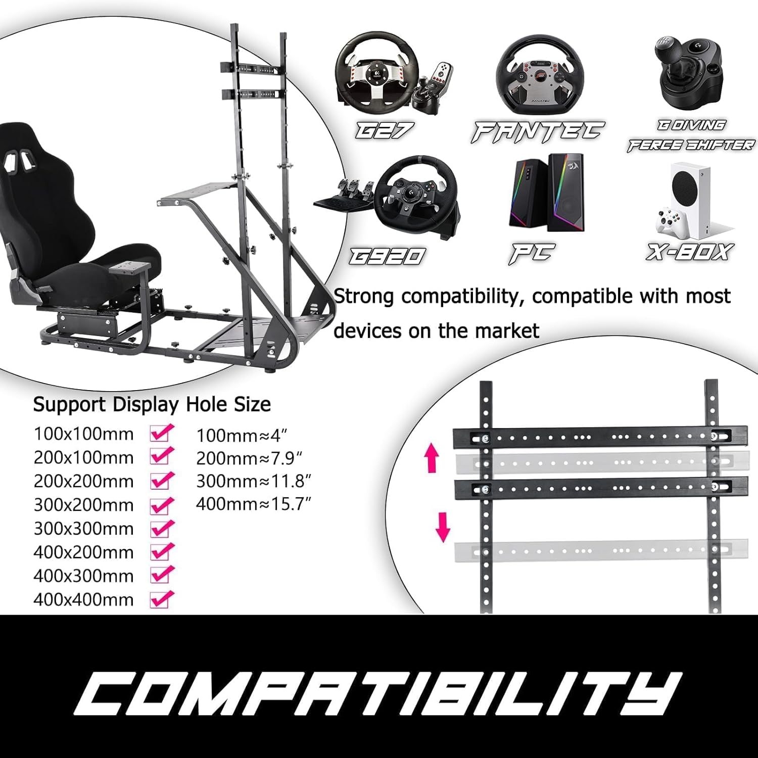 Anman G25 Pro TV VR Sim Racing Simulator Cockpit Black Seat with Visualizer Monitor Stand Fit for Logitech/Thrustmaster/Fanatec G25 G27 G29 G920 G923 T300RS TX,Excluding Electronic Devices