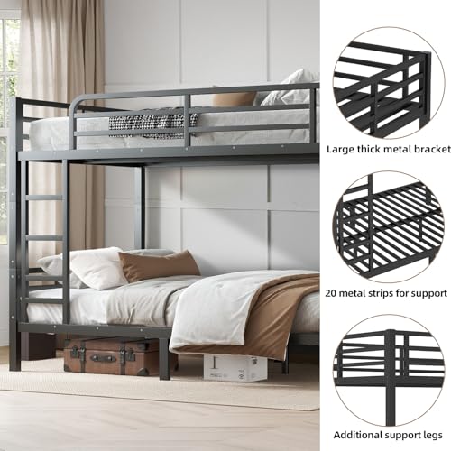 Twin XL Over Twin XL Bunk Bed, Metal Bunk Bed Frame Heavy Duty Bunk Beds Loft Bed Frame with Ladder and Guardrail Metal Slats No Box Spring Required for Adults Teens, Black