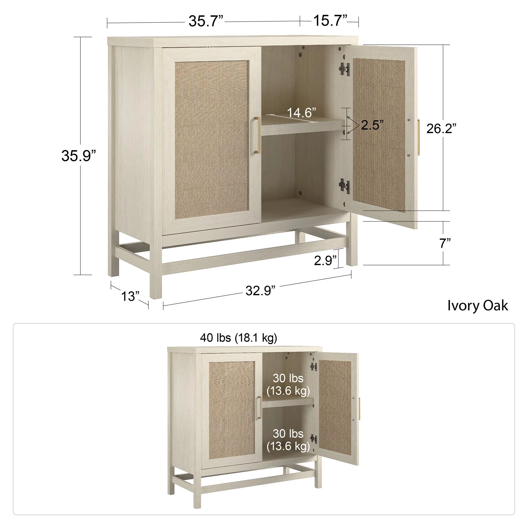 Ameriwood Home Lennon 2 Door Storage Cabinet, Ivory Oak and Faux Rattan