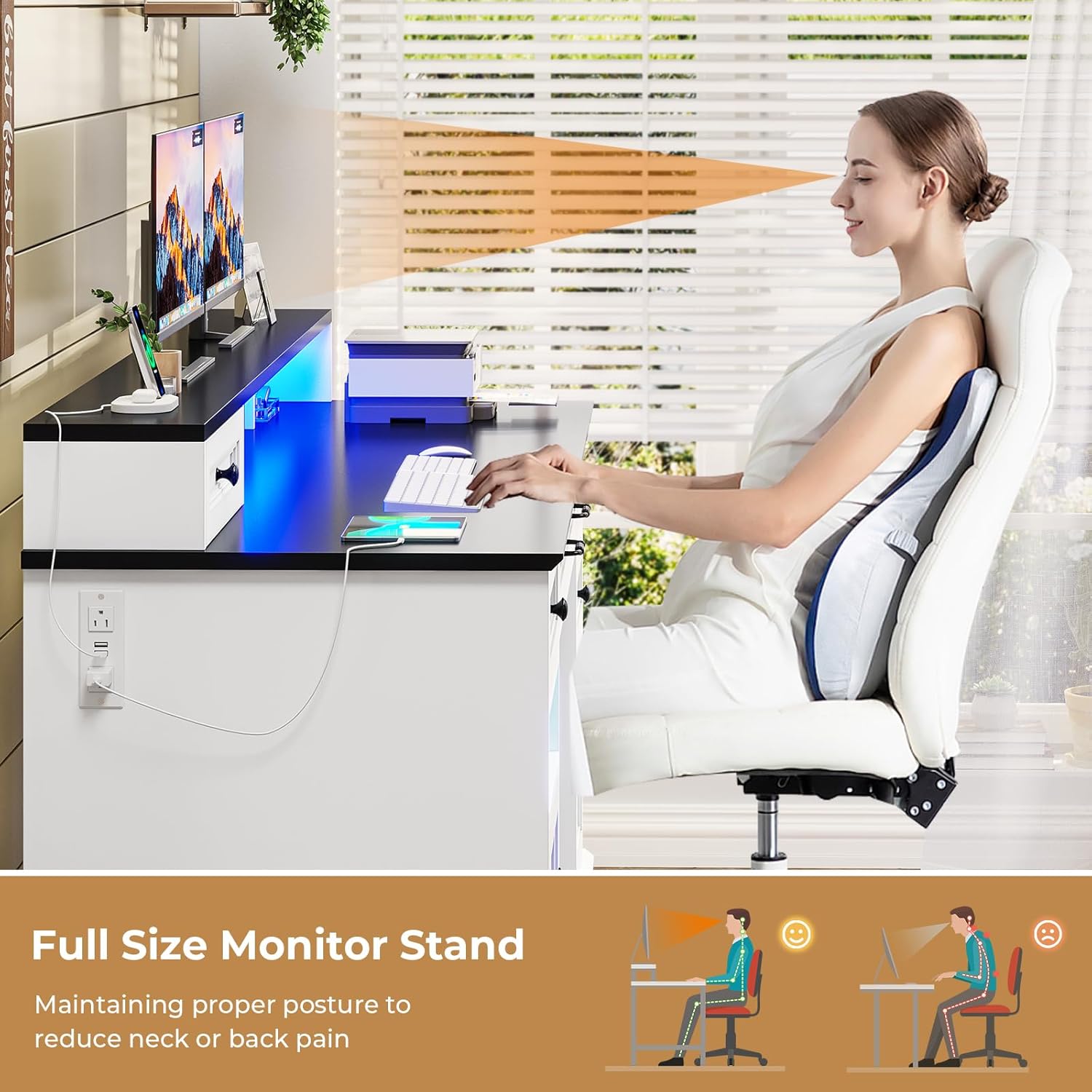 Executive Desk, Computer Desk with Drawers & Storage Cabinet, Home Office Desk with File Drawer & Monitor Stand, Writing Desk with Charging Station & LED Lights, White