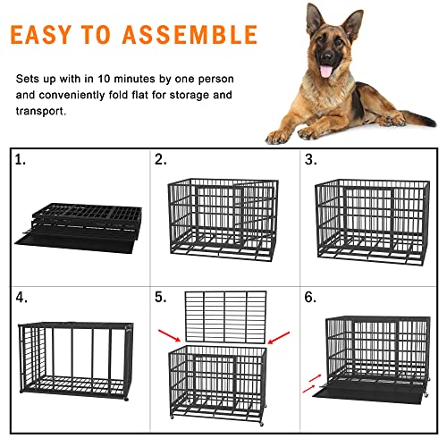 54/48/42/38 inch Heavy Duty Indestructible and Escape-Proof Dog Crate Cage Kennel for Large Dogs, High Anxiety Dog Crate with Removable Wire Trays and Wheels, Extra Large XL XXL