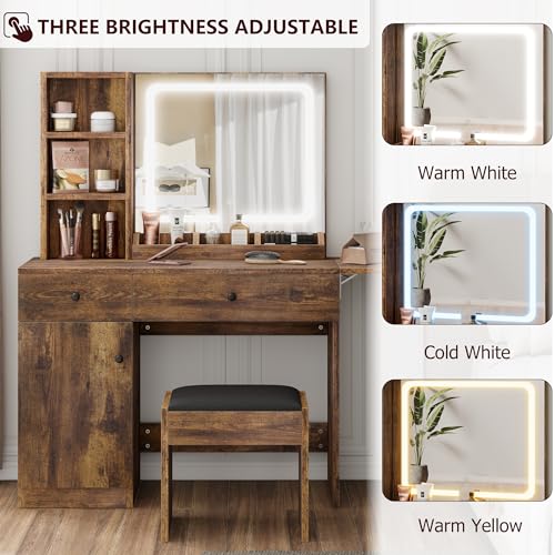 IDEALHOUSE Vanity Desk with Mirror and Lights, Large Storage Space with 2 Drawers and Adjustable Shelves Storage Makeup Vanity, 3 Lighting Modes Adjustable Brightness, Bedroom Vanity Table, White
