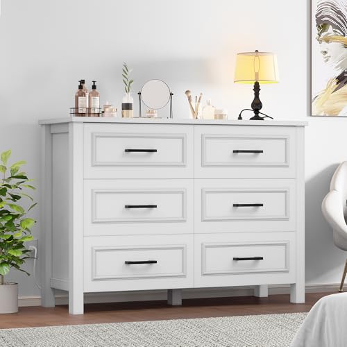 YITAHOME 6-Drawer Dresser with Built-in Power Outlet, Wood Dresser TV Stand with 6 Large Drawers and Bar Handles, White Dresser Chest of Drawers for Living Room, Hallway, Entryway