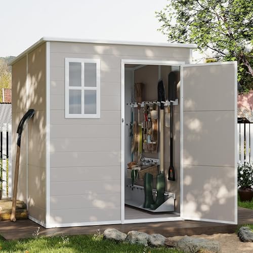 UDPATIO Outdoor Storage Shed 6 x 6 FT, Resin Garden Sheds with Floor Plastic Patio Outdoor Storage Shed with Lockable Door for Tool, Bike, Garbage Gray White