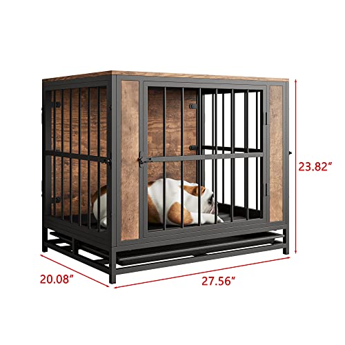 Dog Crate Furniture, Metal and Wooden Dog Crate, Dog Kennels with 3 Doors Indoor, Pet Puppy Crate End Table for Small/Medium/Large Dog, Heavy Duty Dog House, Rustic Black and Brown