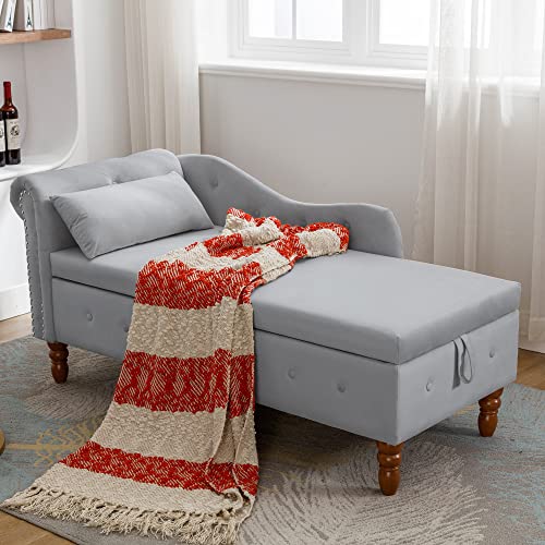 58" Modern Velvet Chaise Lounge Indoor,Upholstered Lounge Chair with Storage & Pillow, Rolled Arm Lounge Sofa for Living Room Bedroom Office (Gray)