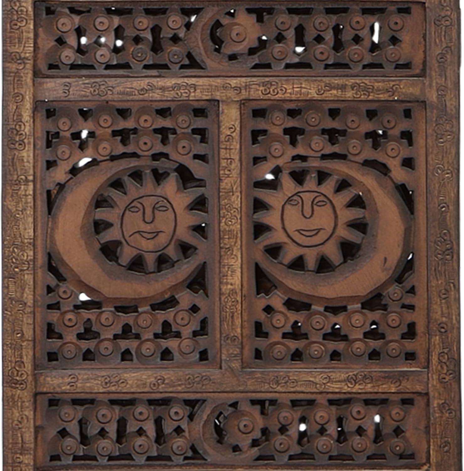 Hand Carved Sun and Moon Design Foldable 4 Panel Wooden Room Divider
