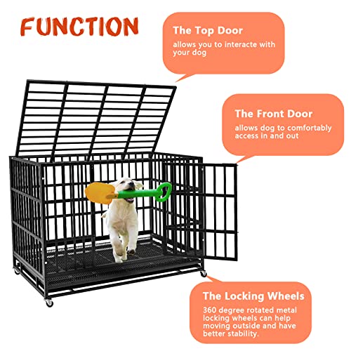 LEMBERI 48/38 inch Heavy Duty Indestructible Dog Crate, Escape Proof Dogs Cage Kennel with Lockable Wheels,High Anxiety Double Door Kennel,Extra Large Crate Indoor for Large Dog with Removable Tray