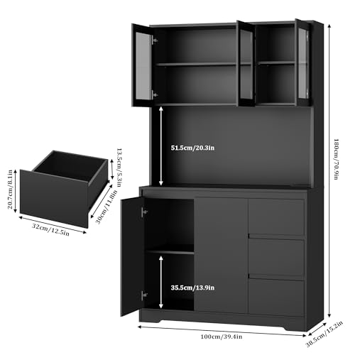 finetones 71" Kitchen Pantry Cabinet with LED Lights and Charging Station, Modern Kitchen Cabinet Hutch Cabinet with Storage and Microwave Stand, Pantry Cabinet Buffet Cabinet with Countertop, Black