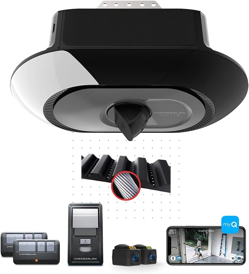 Chamberlain B4545T Smart Garage Door Opener w/Built in HD Camera, Two way audio - myQ Smartphone Control- Ultra Quiet, Strong Belt Drive and MED Lifting Power, Wireless Keypad Incl, Blue
