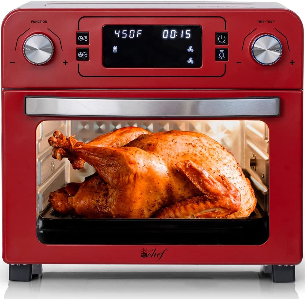 Deco Chef TQAIRRED 24QT Stainless Steel Countertop Toaster Air Fryer Oven Red (Renewed)