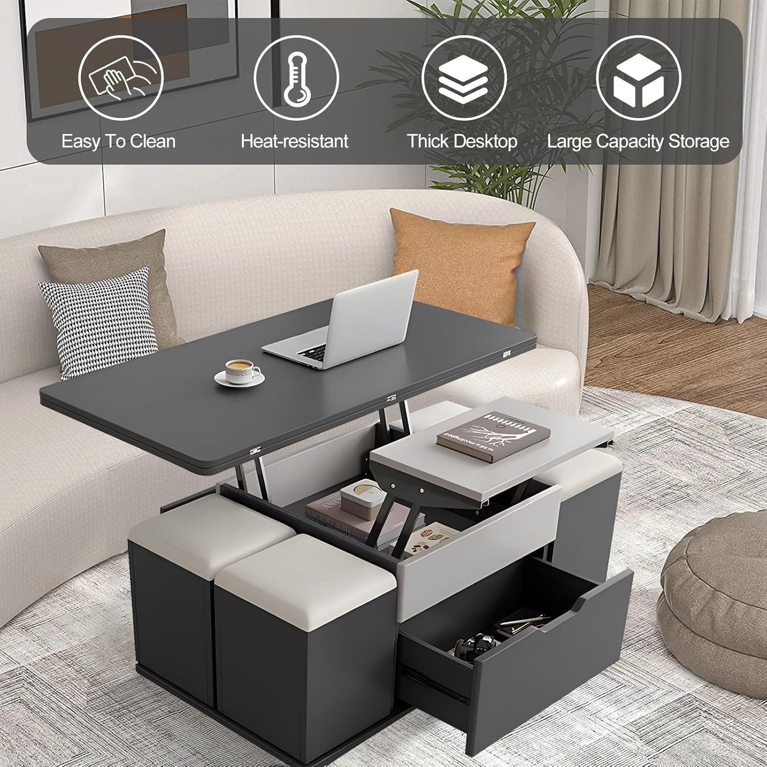 Lift Top Coffee Table,3-in-1 Multi-Functional Center Table, 4 Storage Bench, Height Adjustable Tea Table with Universal Wheel 39.37”Modern Table Dining Table for Living Reception