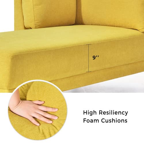 65" Corner Lounge Chair, Mid-Century Modern Fabric Upholstered Indoor Chaise Lounge for Bedroom,Office, Small Living Room & Apartment, Yellow (Left Armrest)