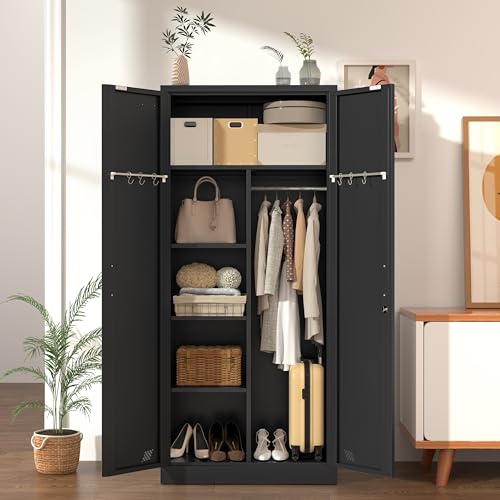 Steel Armoire Wardrobe Closet, 71" Metal Clothing Storage Cabinets with 2 Doors, 1 Adjustable Shelf and 2 Drawers, Metal Wardrobe Cabinet with Hanging Rod for Bedroom, Gym, Cloak Room (Black)