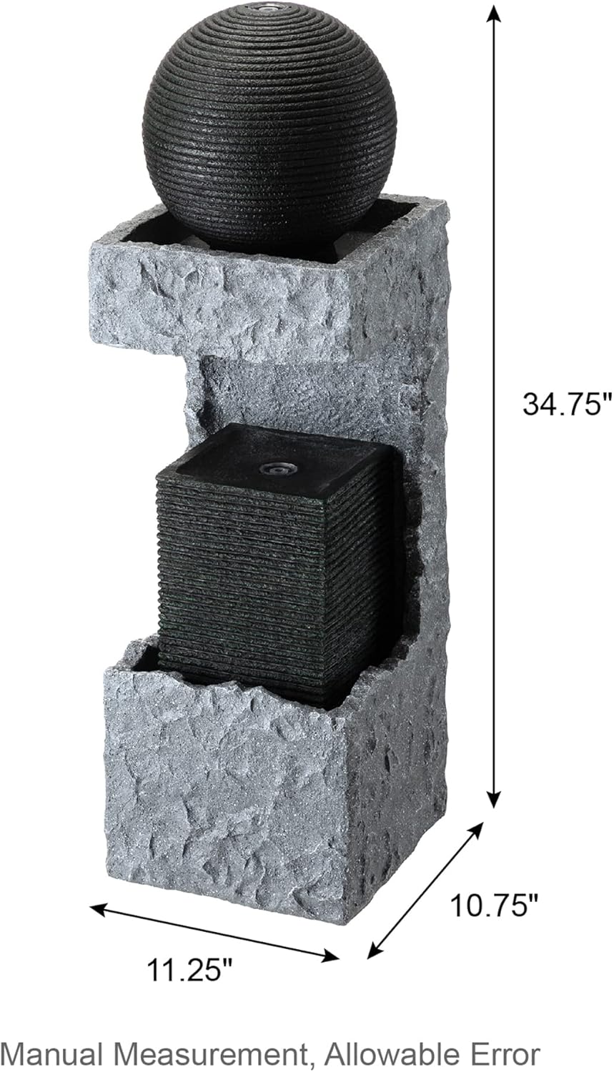 Glitzhome 2 Tiers Outdoor Water Fountain Modern Stacked Sphere Spillway Garden Decor with Pump and LED Light, 34.75" H