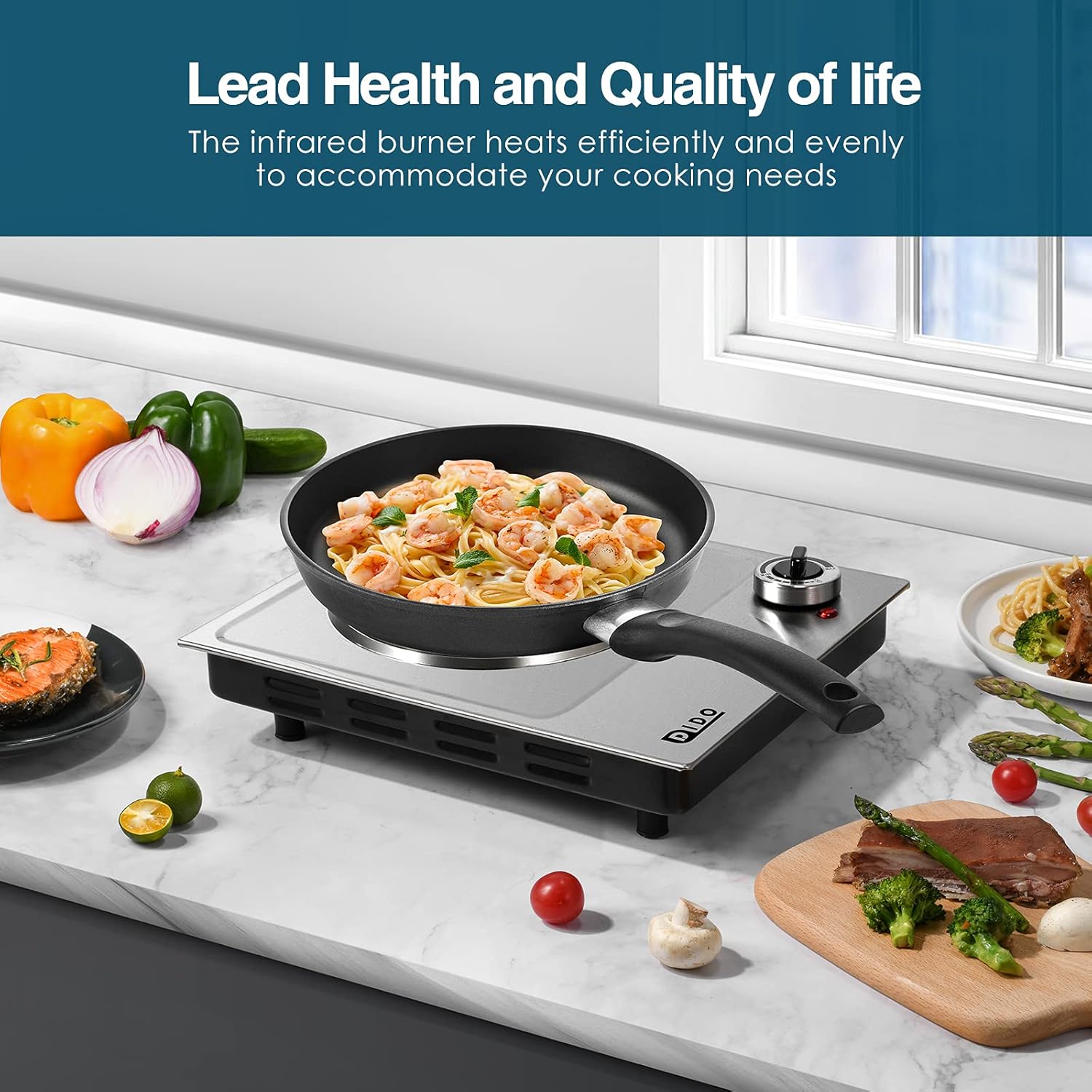 DIDO 1800W Hot Plate, Portable Electric Stove Countertop Cast-Iron Double Burner with Adjustable Temperature& Anti-Slip Feet, Stainless Steel Cooktop for Home/Camp/RV, Compatible for All Cookwares